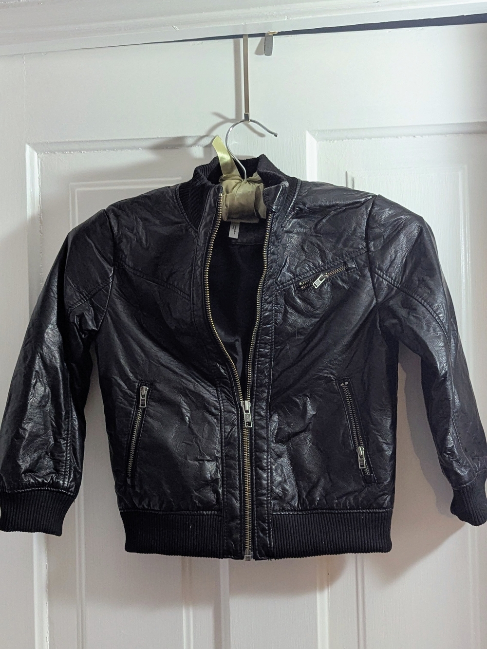 H&M Black Faux Leather Kids Bomber Jacket with Zip Pockets